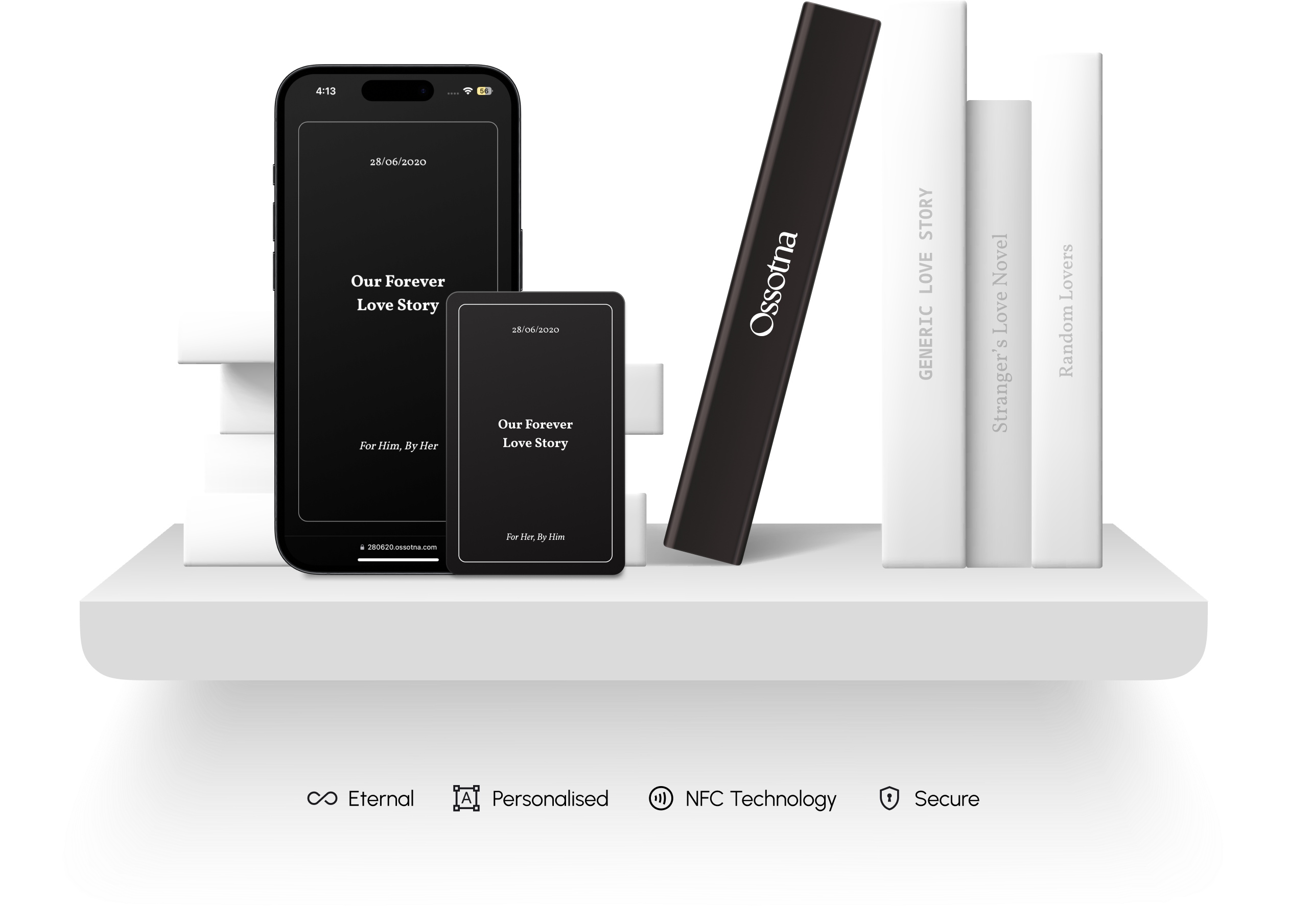 Ossotna card next to a phone with Ossotna story open on a shelf next to the book box laying on gneric romantic books.