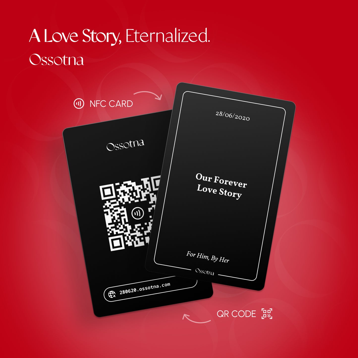 Two Ossotna black NFC cards with text and a QR code on a red background, featuring the brand 'Ossotna'.