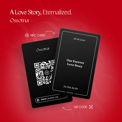 Two Ossotna black NFC cards with text and a QR code on a red background, featuring the brand 'Ossotna'.