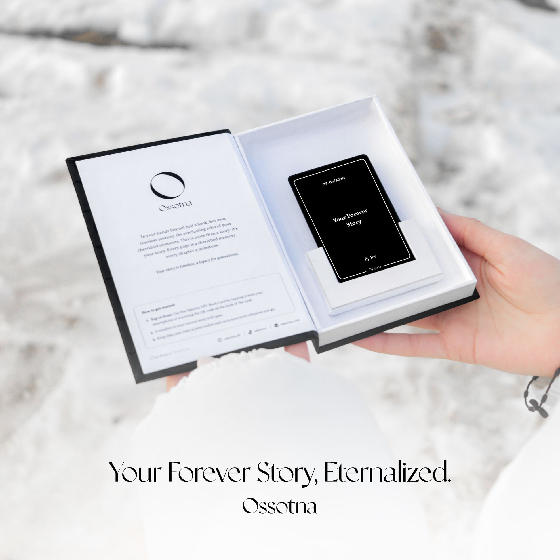 Ossotna handcrafted book box holding an NFC story card